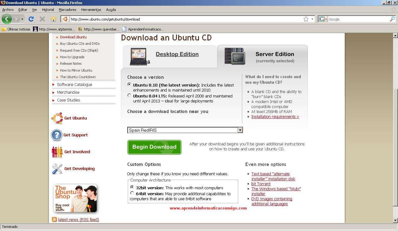 Descarga de Ubuntu Server 8.10