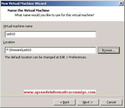 Nombre y localización de la máquina virtual.